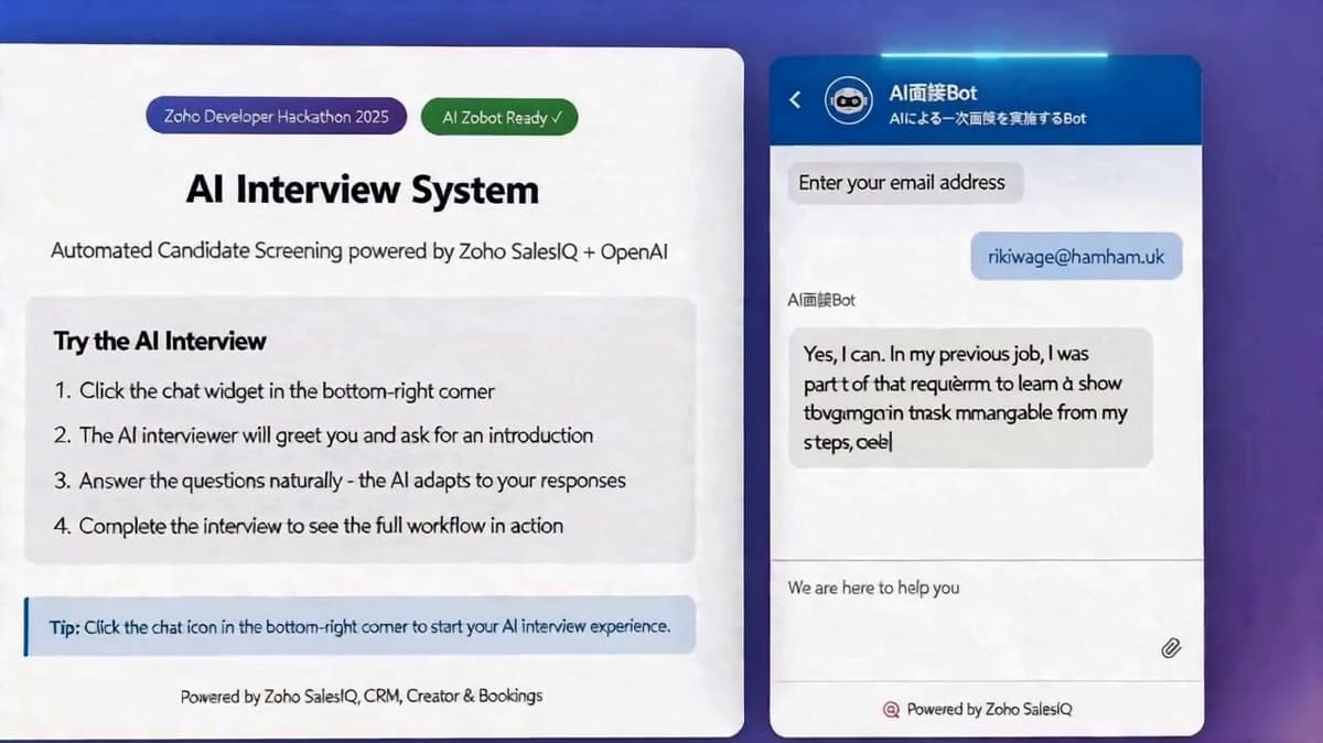 Zoho SalesIQのAI面接チャットを含むAI Interview Systemのデモビジュアル
