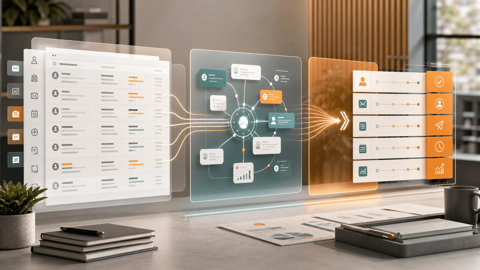 An abstract CRM and AI workflow moving from records to context synthesis and approved business actions.